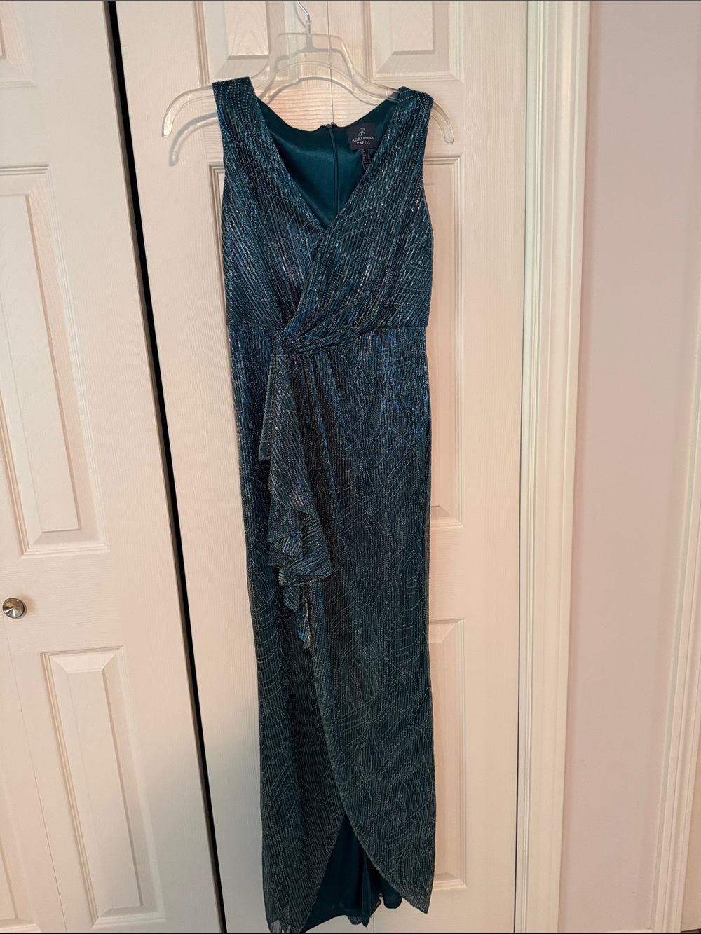 Adrianna Papell Teal Shimmer V-Neck Maxi Dress perfect for fall wedding
